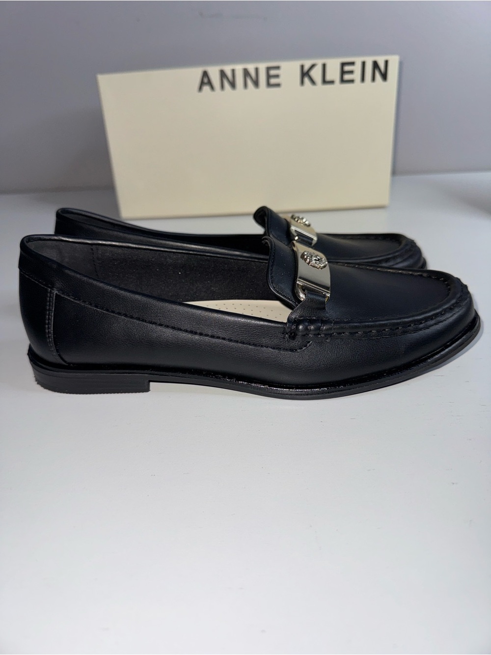 Anne Klein Iflex Naddie Black Loafers – Women’s Size 7M – Silver Logo Hardware